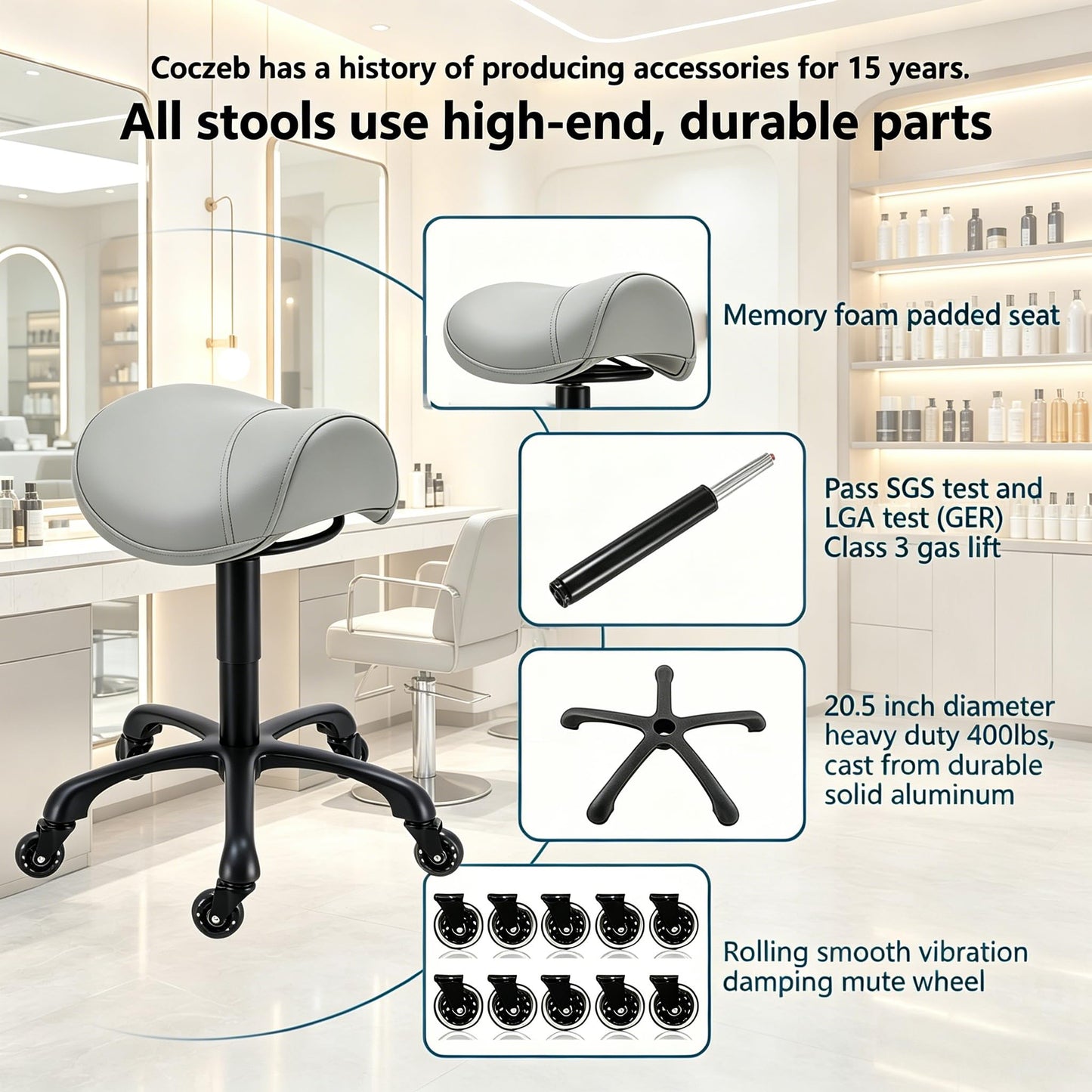 Coczeb Saddle Salon Rolling Stool with Wheels,Heavy Duty Adjustable Hydraulic Chair for Barber Tattoo Nail Spa Home Dentist(Gray)