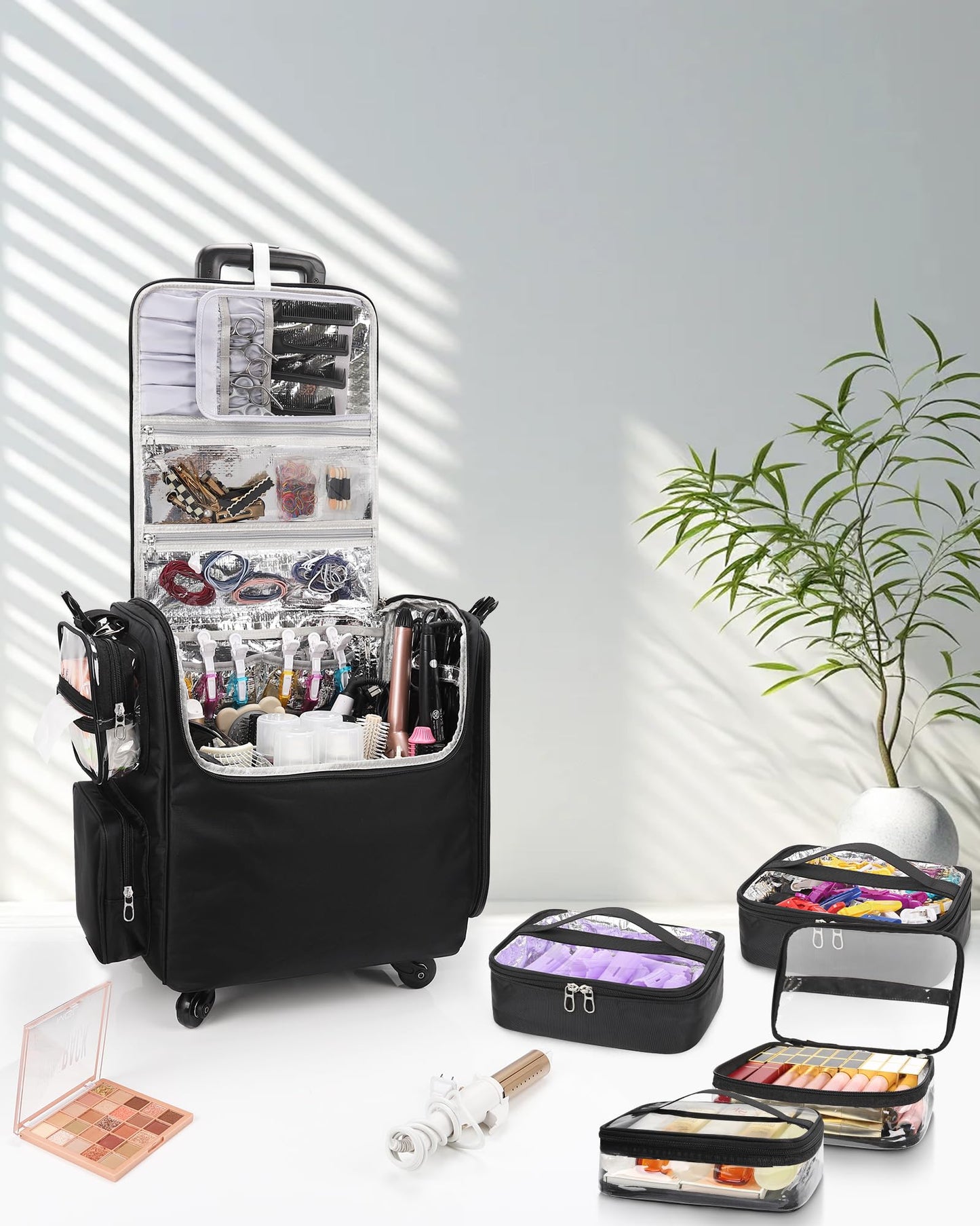 Relavel Rolling Makeup Train Case with 4 Pcs Clear Makeup Bags, Hairstylist Traveling Bag with 4 Wheels, Heat Insulation Full Layer, Adjustable Dividers, Hair Tools and Cosmetics Storage Organizer
