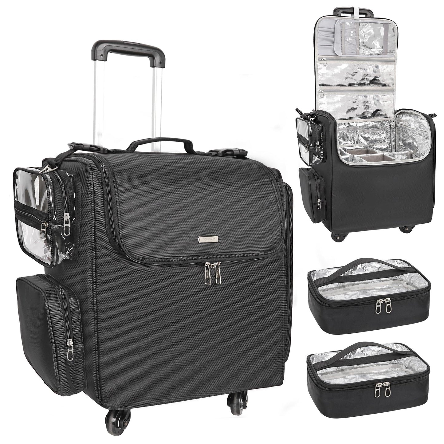 Relavel Rolling Makeup Train Case, Hairstylist Traveling Bag with 4 Wheels, Heat Insulation Full Layer, Adjustable Dividers, Hair Tools and Cosmetics Storage Organizer Trolley Suitcase Makeup Cart