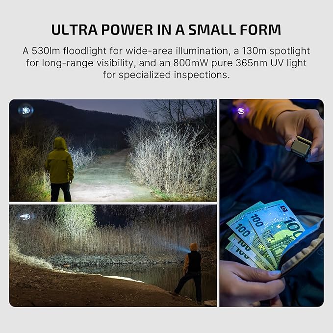 OLIGHT Oclip Ultra EDC Flashlight Clip-on Light, 530 Lumens Rechargeable with Type-C Charging, Combines Floodlight, Spotlight and UV, Triple Magnetic Lights for Inspection and Work (Olive Green)