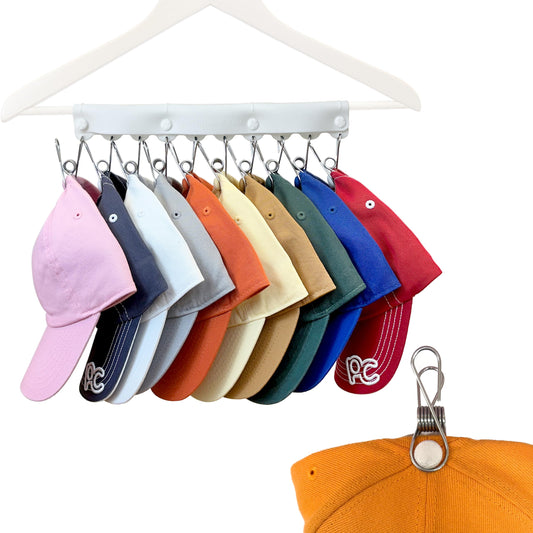 Perfect Curve Baseball Cap Hanger - Store 10 Caps with Button Clips, Silicone & Metal Construction, White, 1-Pack