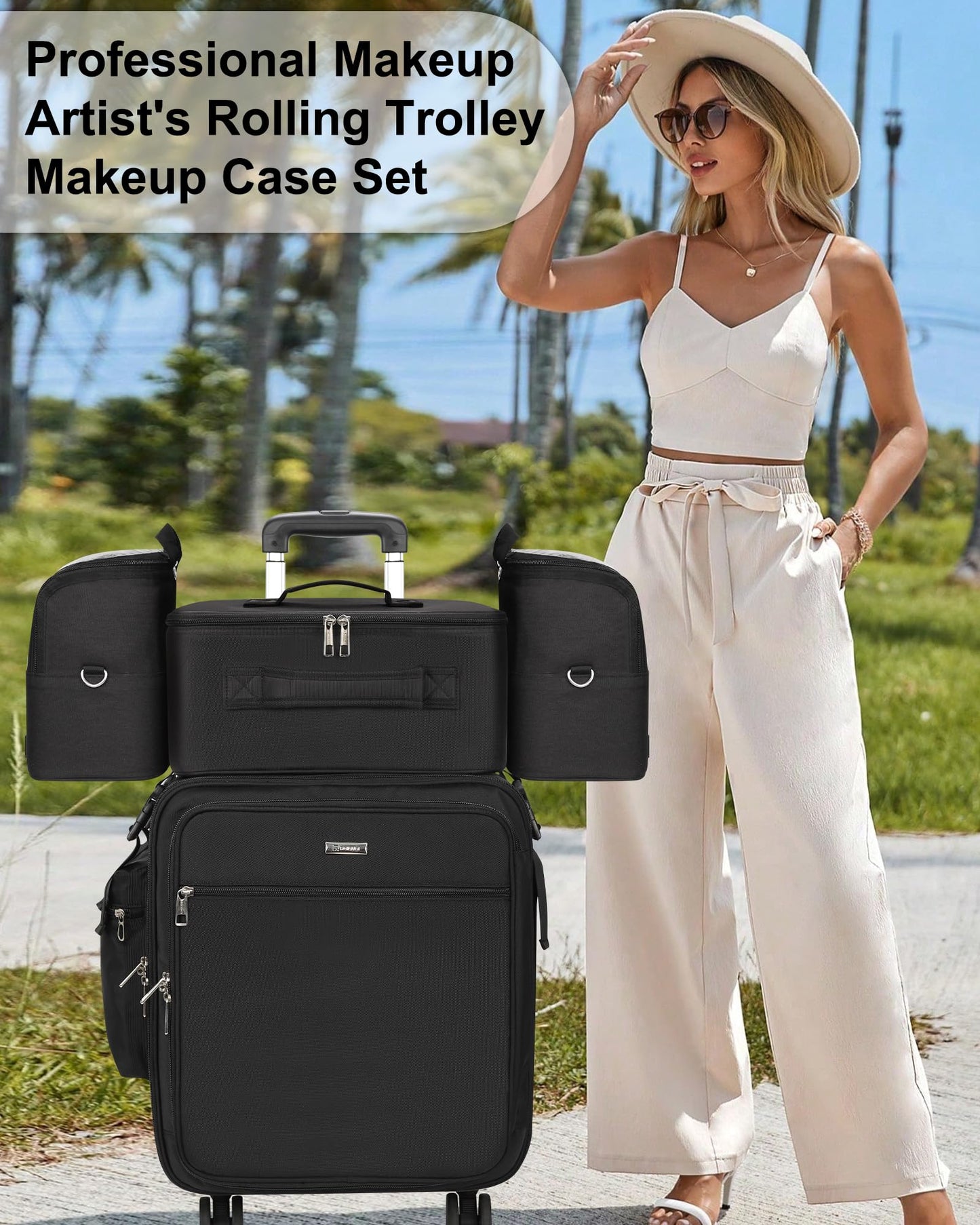 Relavel Rolling Makeup Case Professional Makeup Train Case, Rolling Makeup Kit Bag Makeup Artist Travel Bag with Wheels, 4-in-1 Portable Travel Beauty Trolley Case for Cosmetology Storage(Black)