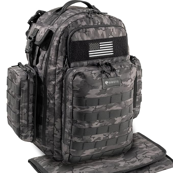 Dad Diaper Bag, Mens Diaper Bag Backpack with Diaper Changing Mat, Military Diaper Backpack with Molle Webbing, Waterproof Pouch, Baby Wipes pocket, Insulated Bottle Pockets- Black Camo