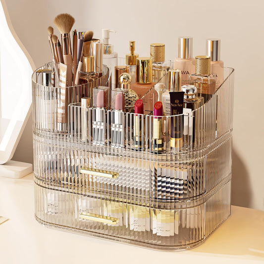 Makeup Organizer with 360 Rotating Brush Holder and Stackable Drawers, Cosmetic Display Case for Vanity, Bathroom Countertop (Clear, 3 Layer)