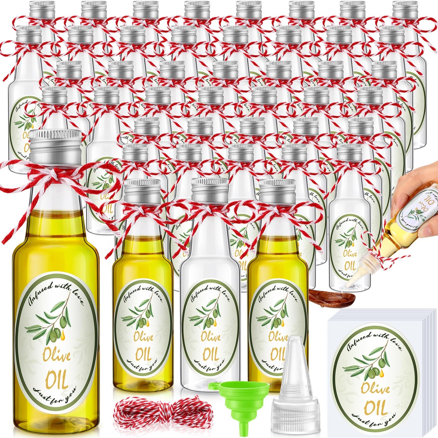 Blushtier 48 Set Mini Plastic Olive Oil Bottles 1.7 oz Tiny Small Clear Empty Dispenser Bottles with Tip Cap, Pour Spout Lids and Labels for Milk Juice Sauce Storage for Baby Shower Party Favors