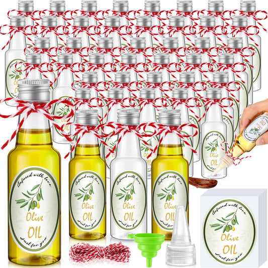 Blushtier 48 Set Mini Plastic Olive Oil Bottles 1.7 oz Tiny Small Clear Empty Dispenser Bottles with Tip Cap, Pour Spout Lids and Labels for Milk Juice Sauce Storage for Baby Shower Party Favors