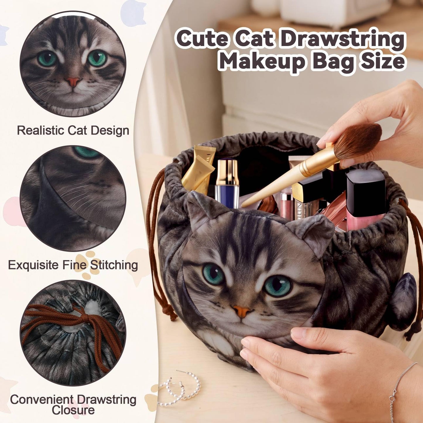 Tallew 3 Pcs Cat Drawstring Makeup Bag Large Capacity Cute Funny Cat Gifts Dormitory Cosmetic Bag for Women Portable Travel Pouch Toiletry Organizer for Birthday Gifts for Cats Lovers