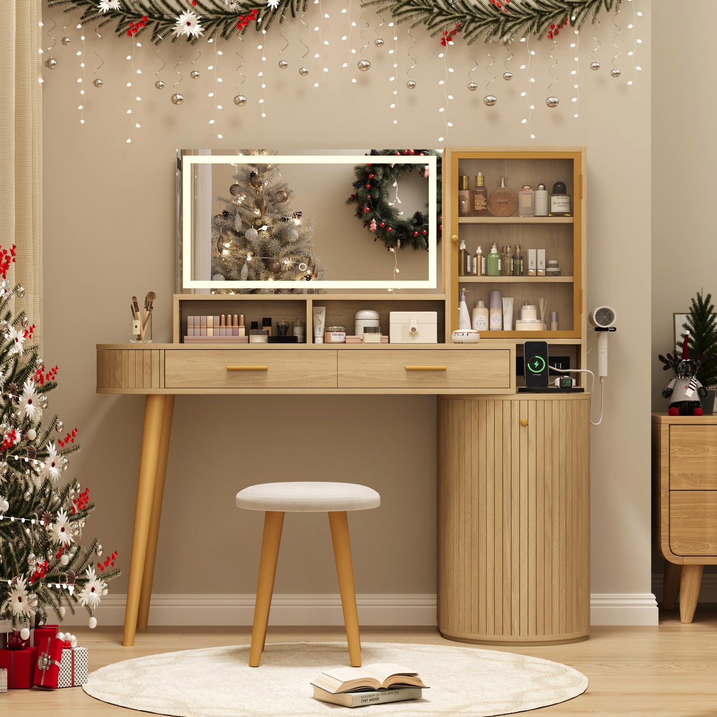 Garvee Vanity Desk with Light Mirror, 47.2 Inch Vanity Table with Stool and Charging Station, Modern Makeup Table with Drawer and Cabinet, Makeup Desk with Glass Door, Adjustable Shelf for Bedroom
