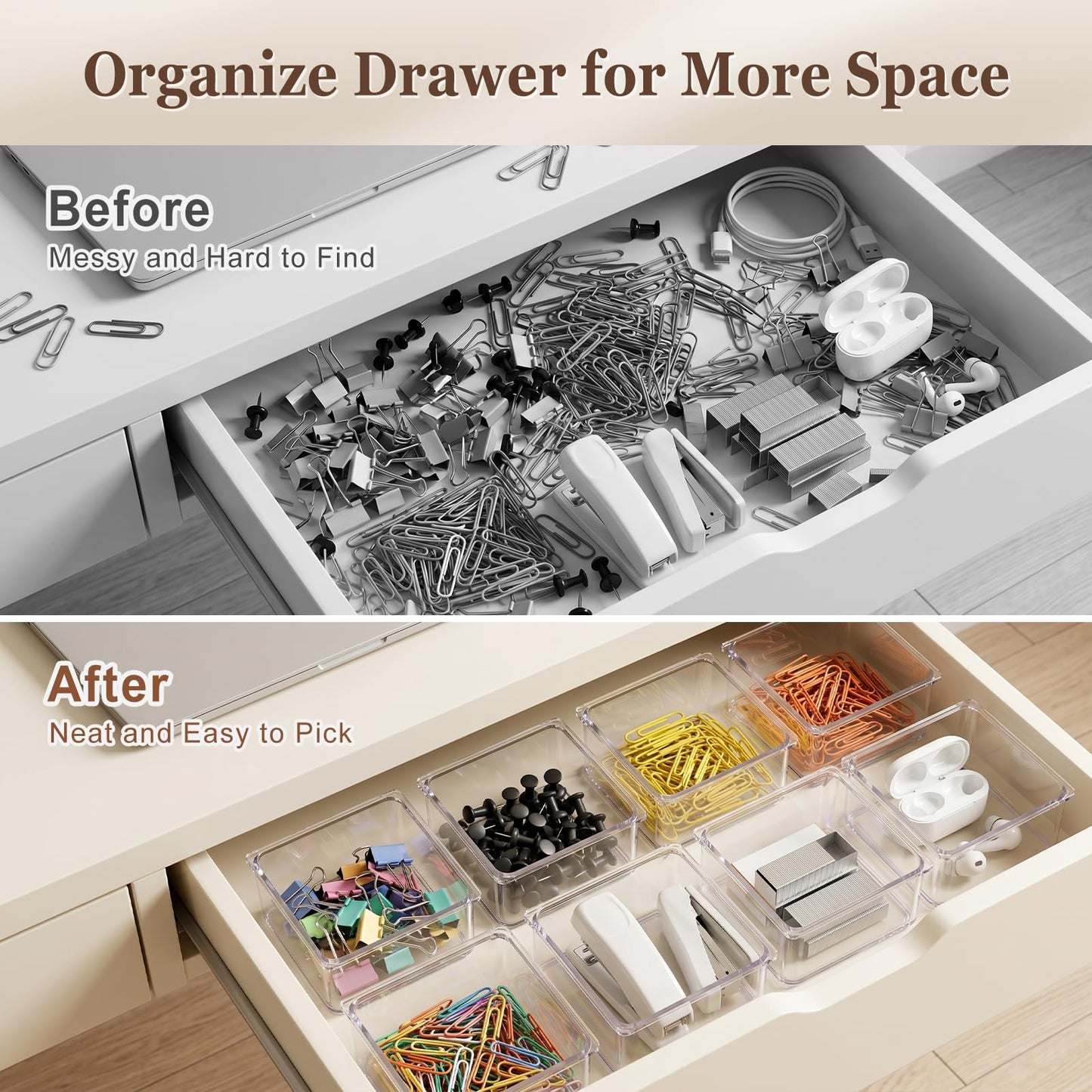 Hudgan 24 Pcs Small Drawer Organizer BinsSet, Stackable Drawer Divider Trays for Makeup Vanity, Bathroom, Office Desk, Straight Sides Tray Perfect for Craft Supplies, Cosmetics