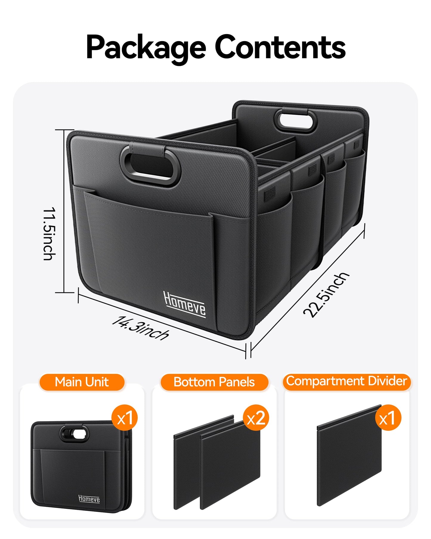 Homeve Car Trunk Organizer for SUV, 15.5Gal Large Capacity No-Sag Heavy Duty, Foldable Waterproof Anti-Slip Storage with 12 Pockets, Fit Sedan,Truck, Universal Car Accessories, Black, 2 Compart,Medium