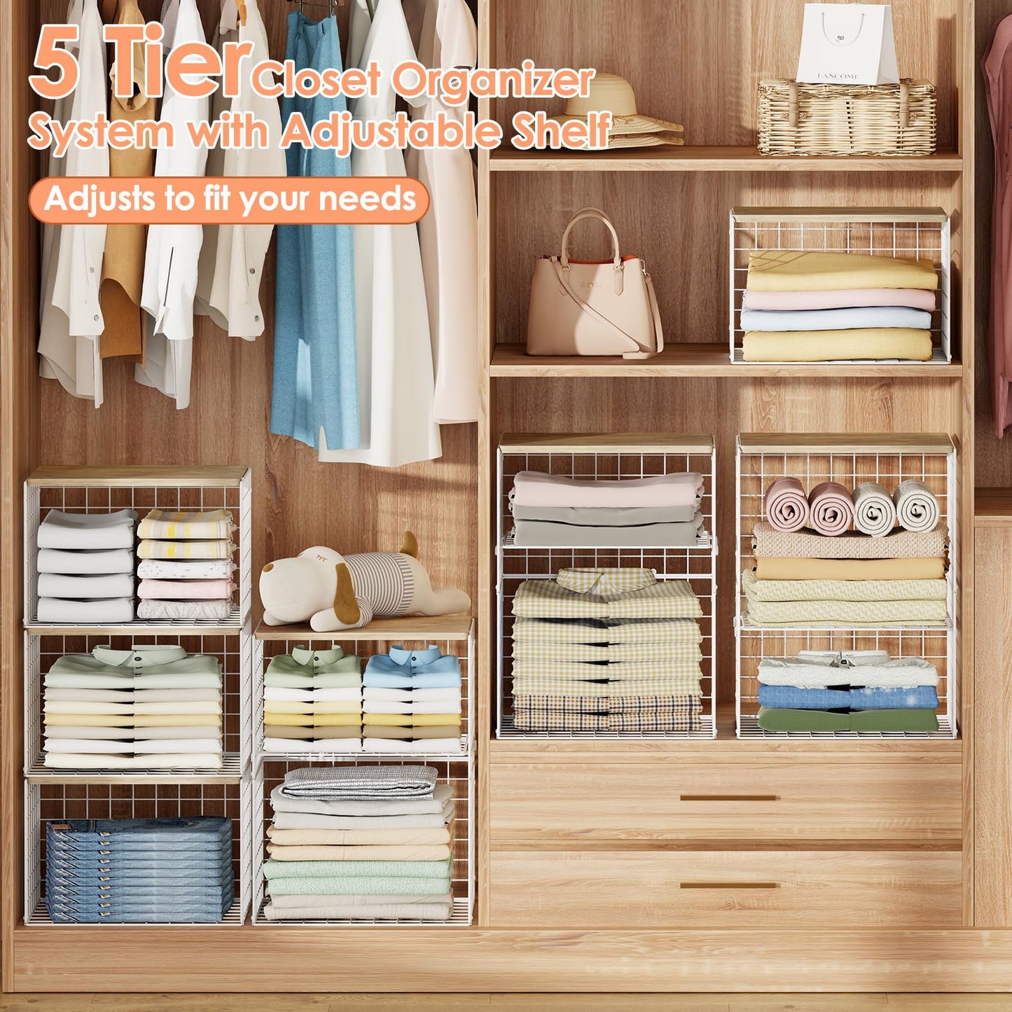 5 Pack Extra-Long Closet Organizers and Storage with Ajustable Shelf, Stackable Closet Shelf Organizer, Double Storage Design Clothes Storage Cube/Bin Organizer for Wardrobe, Space-Saving, White