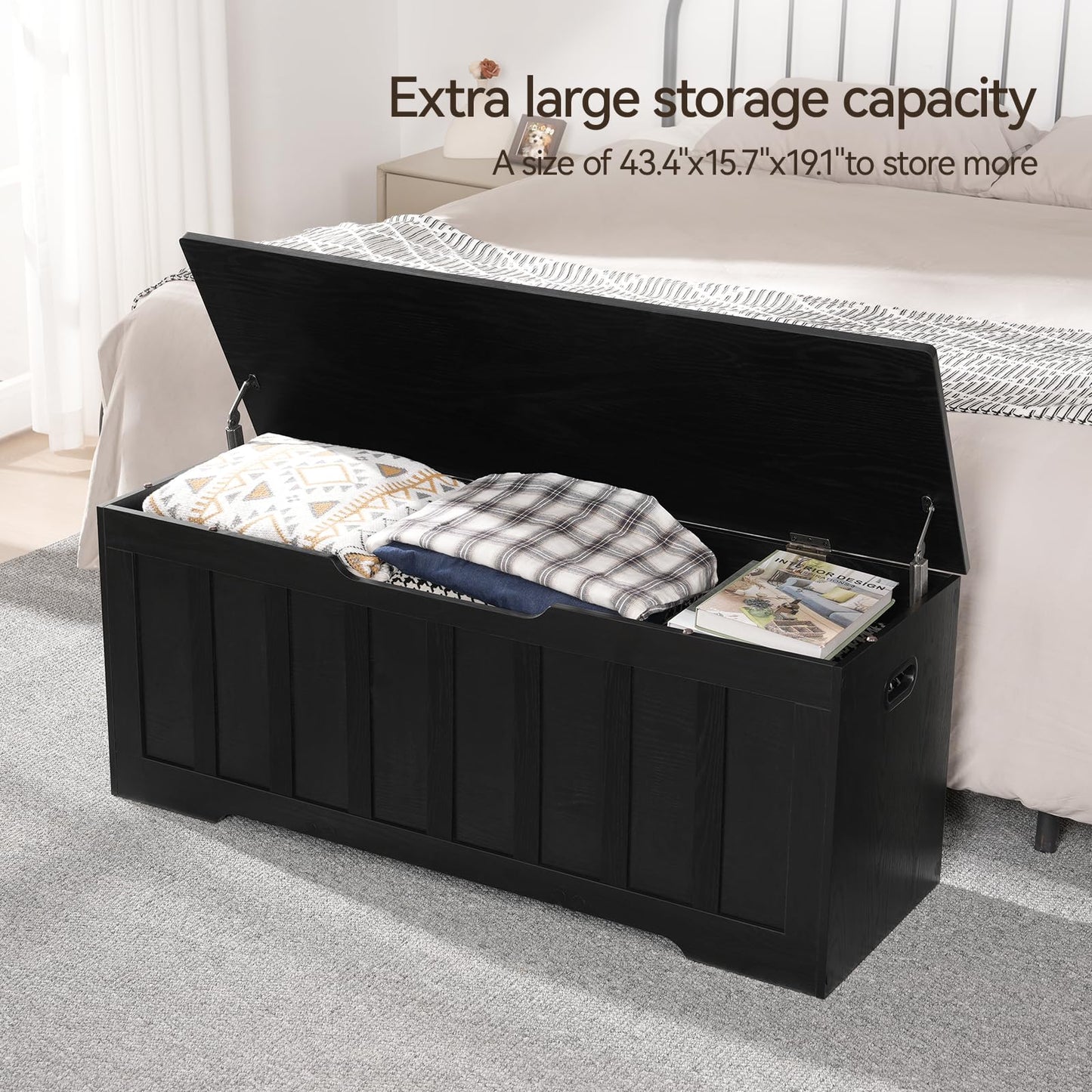 VANKILEY 47.2" Storage Chest Extra Large,Storage Trunk with 2 Safety Hinges,Wooden Storage Bench,Shoe Bench,47.2x15.7x19.1 Inch,Easy Assembly,Storage Bench for Bedroom,Living Room,entryway(Black).
