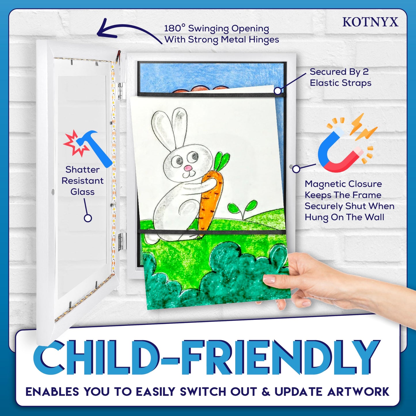 KOTNYX 2 Pack LED Light Kids Artwork Frame - Front Opening Kids Art Display Picture Frame, Holds 100 Pictures, MDF & Shatter-Resistant Glass, Standing Frame/Wall Hanging,13.3x10, Mat 11.6x8.3 (white)
