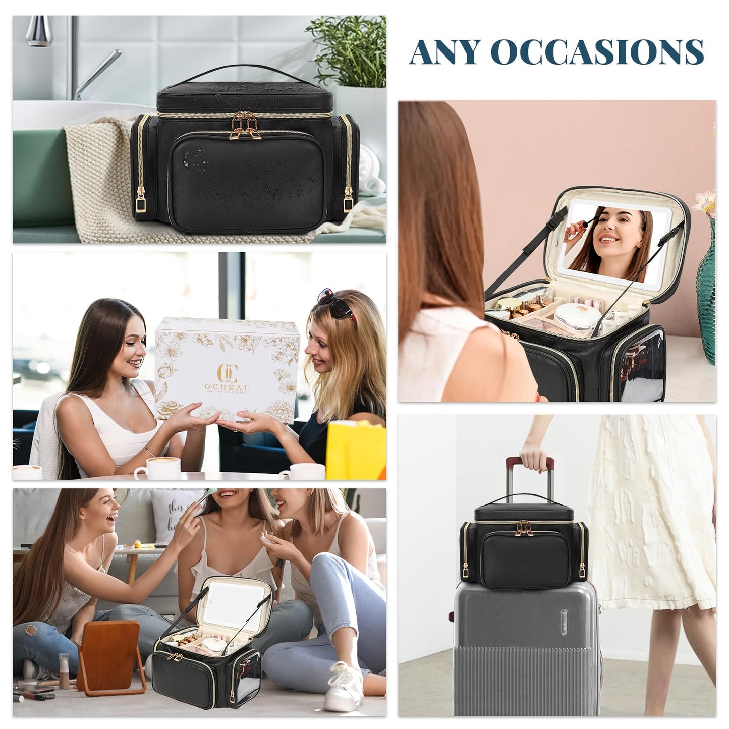 Large Makeup Bag with LED Mirror, Travel Makeup Bag Organizer for Women Girls with Makeup Brush Compartment & Two Side Pockets, 3 Color Lights Cosmetic Toiletry Bag- Leather Black