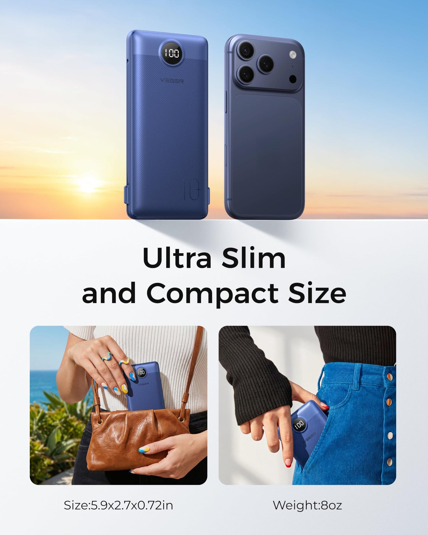 VEGER Portable Charger with Built-in AC Plug and Cables, All in One 10000mAh Ultra Slim Power Bank Emergency Fast Charging for Travel Battery Pack Compatible with iPhone, Samsung, Android, Navy