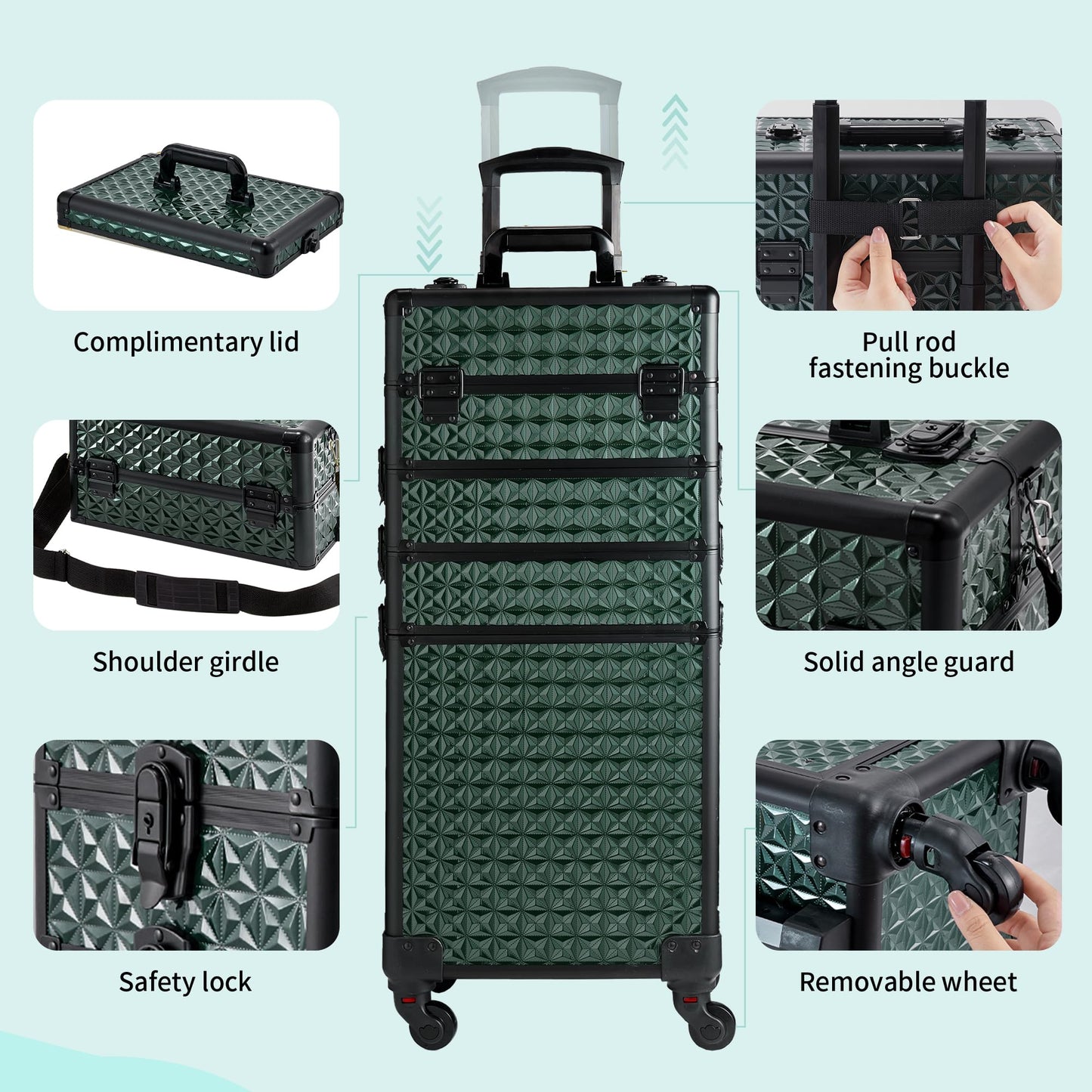 GALHUBIS Rolling Makeup Case, Makeup Train Case with Lid, 5 in 1 Cosmetology Case on Wheels, Christmas Gift, Large Makeup Case Organizers, Profesional Cosmetic Case for Salon Barber,Black Green