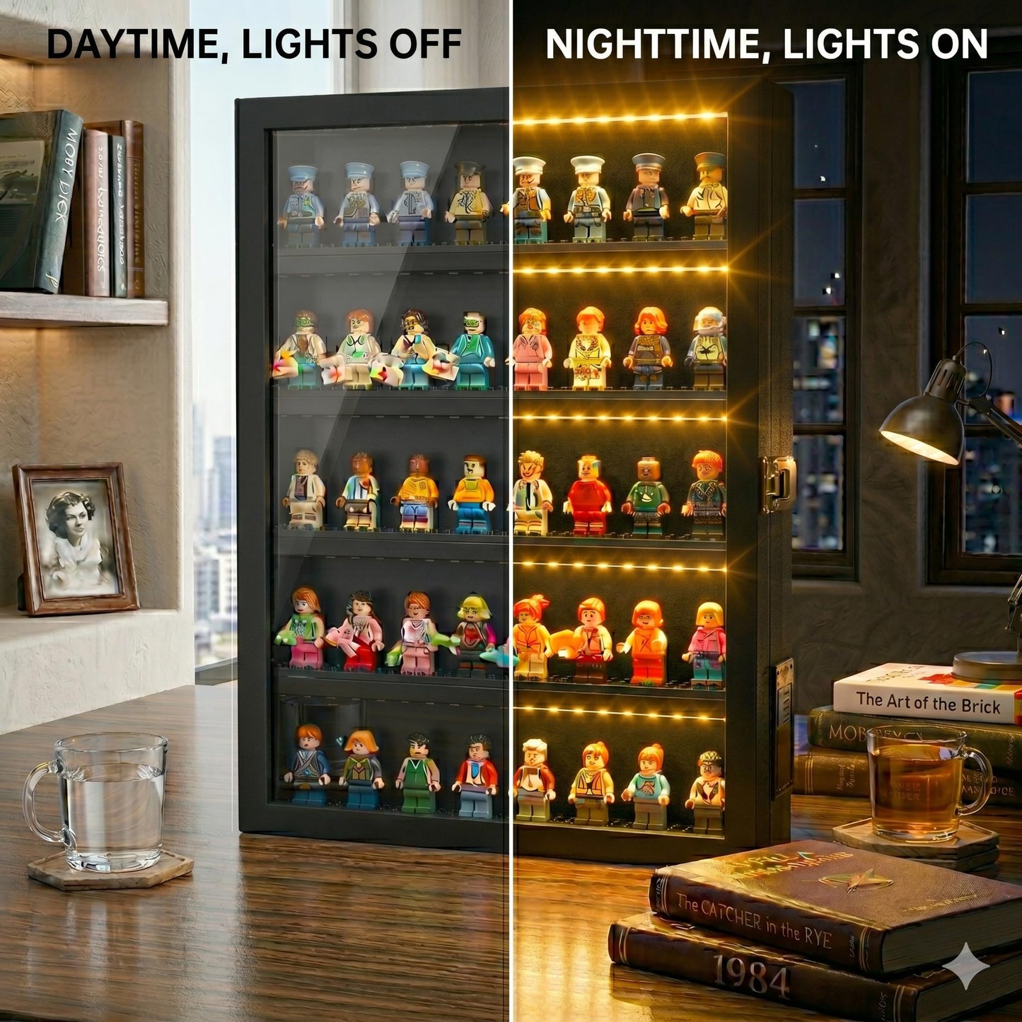Minifigure Display Case – Black 16″ × 11″ × 2″ Showcase Cabinet with LED‑Lit Shelves, Mini Figurines Display Case with Built‑in Feet, Battery‑Powered, Cord‑Free Collection Display