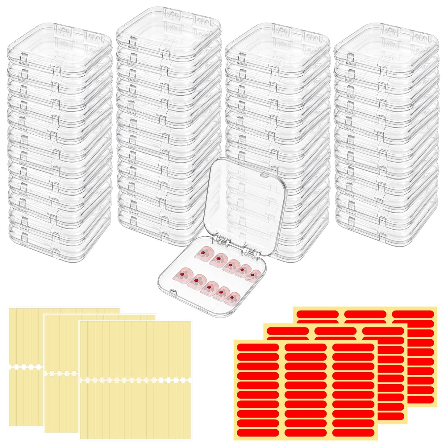 Meyeyaia 48 Sets Press On Nail Boxes, Clear Nail Packaging Case for Press Ons with 180 Pcs Adhesive Double Sided Tape, Acrylic Artificial Nail Display Container for Nails Salon