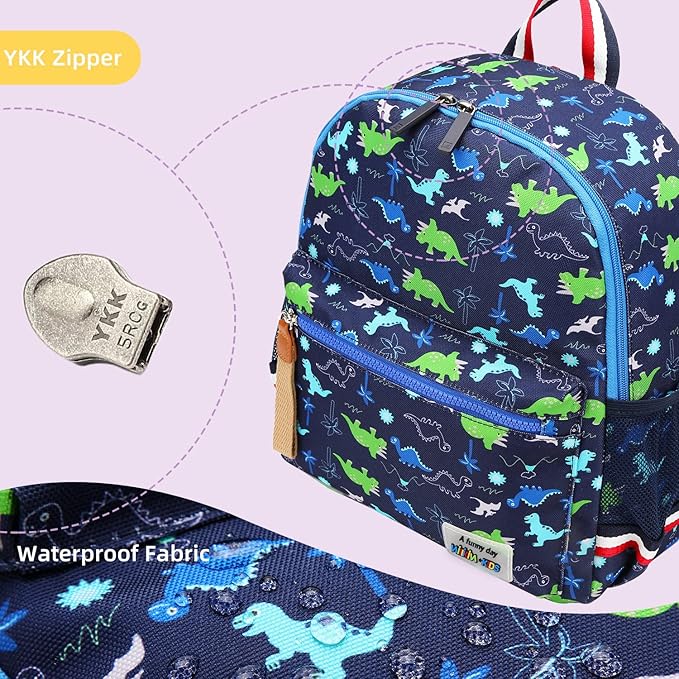 willikiva Cartoon Bus 12 Kindergarten Backpack for Kids Girls and Boys,Waterproof Preschool Toddler Backpack Wiht Leash and Safety Harness (Green Dinosaur)