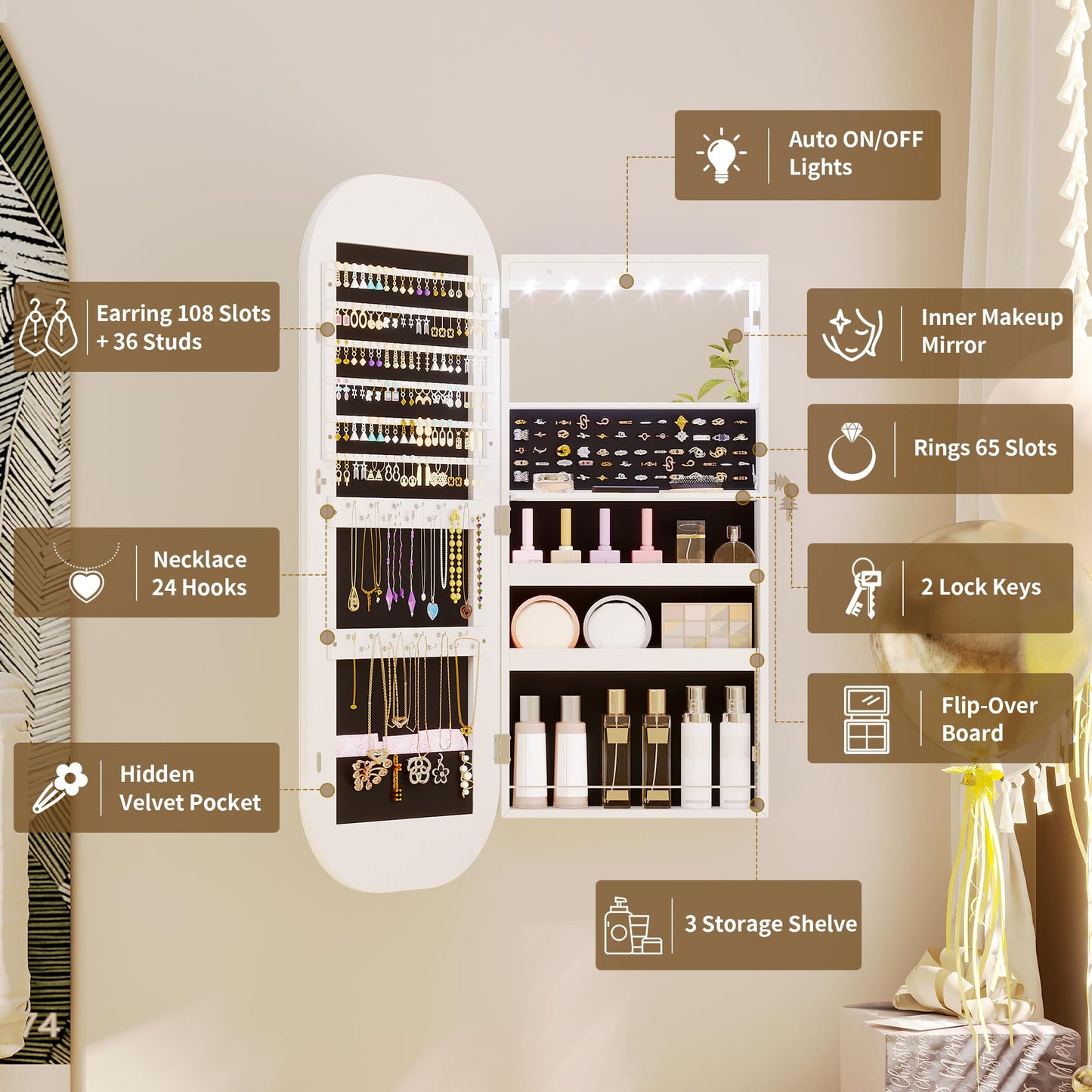 LVSOMT LED Mirror Jewelry Cabinet, Wall/Door Mount Jewelry Mirror Organizer, Rounded Full Length Mirror with Storage, Lockable Jewelry Armoire, 16" Wide, Foldable Shelf, Interior Mirror, White