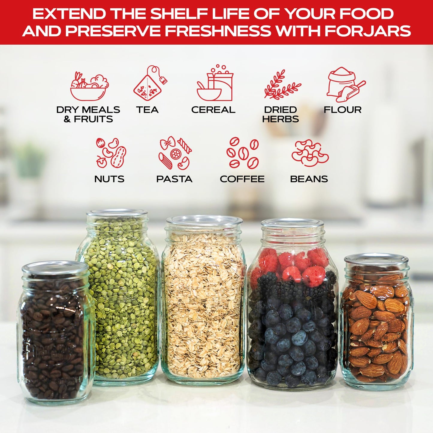 FORJARS Jar Vacuum Sealer Accessory Set for Mason Jars - Compatible with Regular and Wide Mouths, Cordless Pump for Portable Manual Hand Sealing, no electric. Vacuum Sealer with Plastic Lids