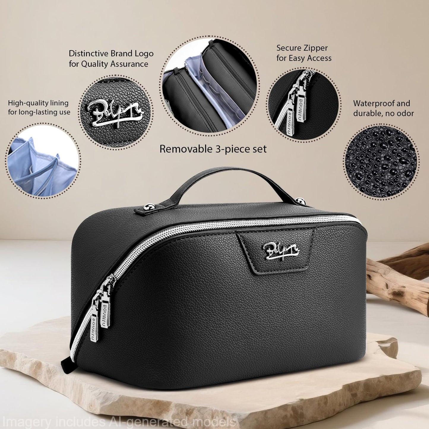 BOYATU Travel Makeup Bag Cosmetic Bags for Women: Large Capacity 3 Pcs Set Make up Bag with Compartments - Waterproof Vegan Leather Toiletry Organizer Bags with Handle (L26Black)