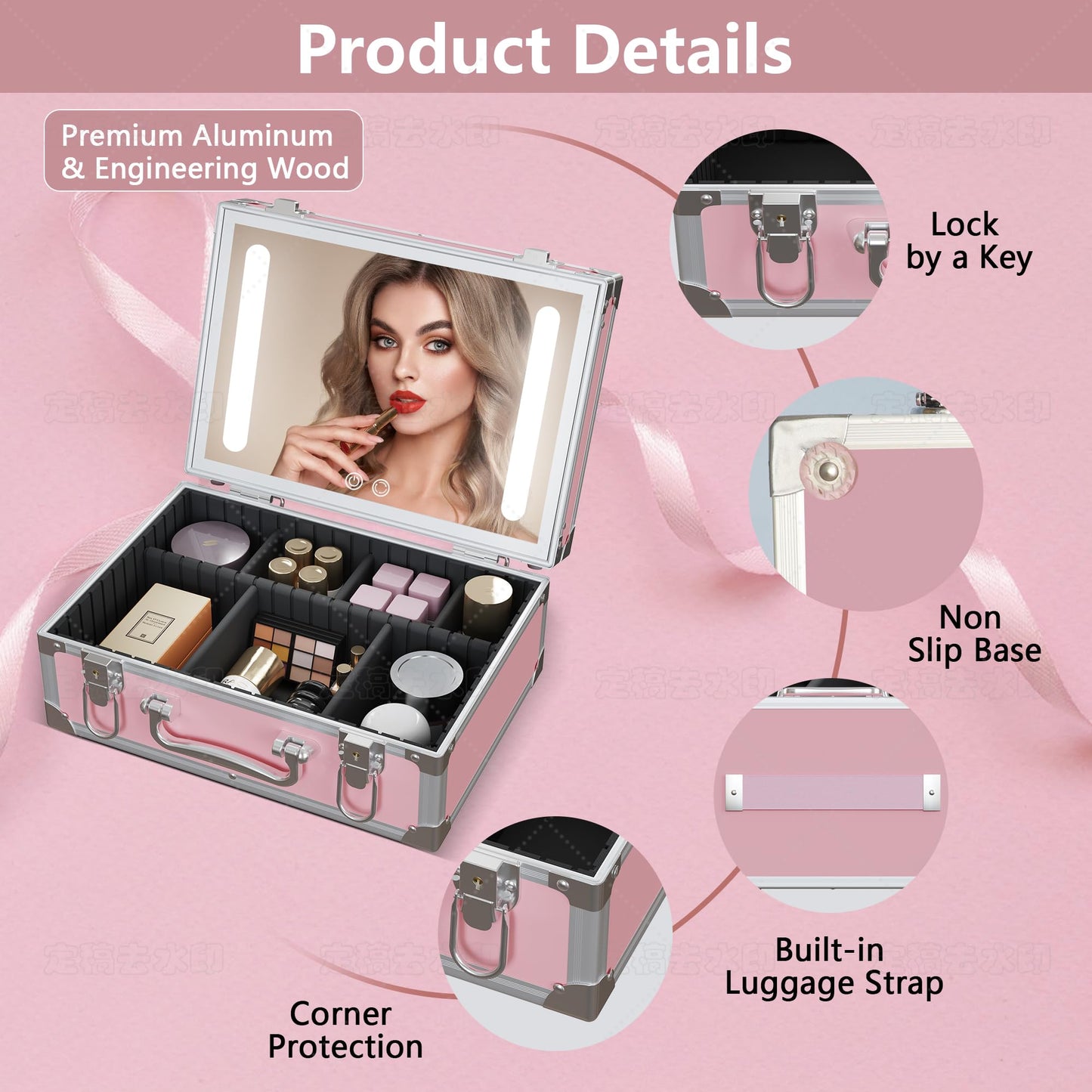 Cybergiant Travel Makeup Case with LED Mirror - Hard Shell Pink Travel Makeup Bag with Mirror - Portable Makeup Organizer with Mirror, Vanity Case for Cosmetics, Adjustable Divider
