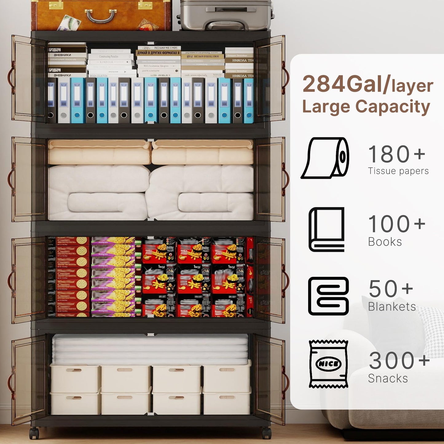 VNVTO 1136QT Extra Large Stackable Storage Bins with Lids & Wheels & Door, 284Gal Foldable Collapsible Closet Organizers, Plastic containers drawers for bedroom Dorm