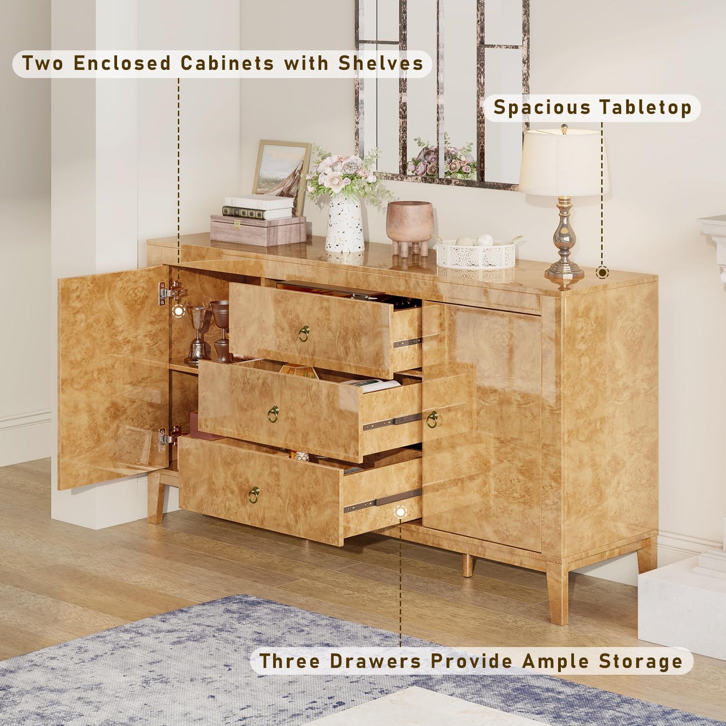 LUXOAK High Gloss Sideboard Buffet Burl Wood 60'' Cabinet Buffet Table with 3 Drawers & 2 Closed Storages, Mid-Century Modern Sideboard for Dining Living Room, Blond Burl