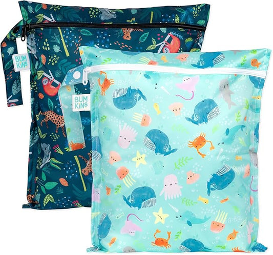 Bumkins - Waterproof Wet Bag - For Baby, Travel, Swim Suit, Cloth Diapers, Pump Parts, Pool, Gym, Toiletry, Strap to Stroller - Reusable & Easy to Clean - 2pk - Ocean & Jungle