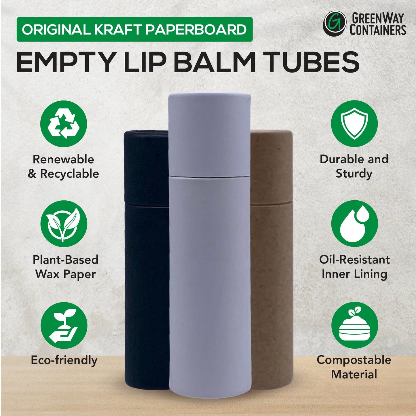 GreenWay 0.3oz / 8.5g Kraft Paperboard Lip Balm Tubes with Lids - 100 Pack Lip Gloss Tubes Refillable DIY Cosmetic Containers - Lip Balm Containers Chapstick Tubes Empty Holder Tubes - Brown