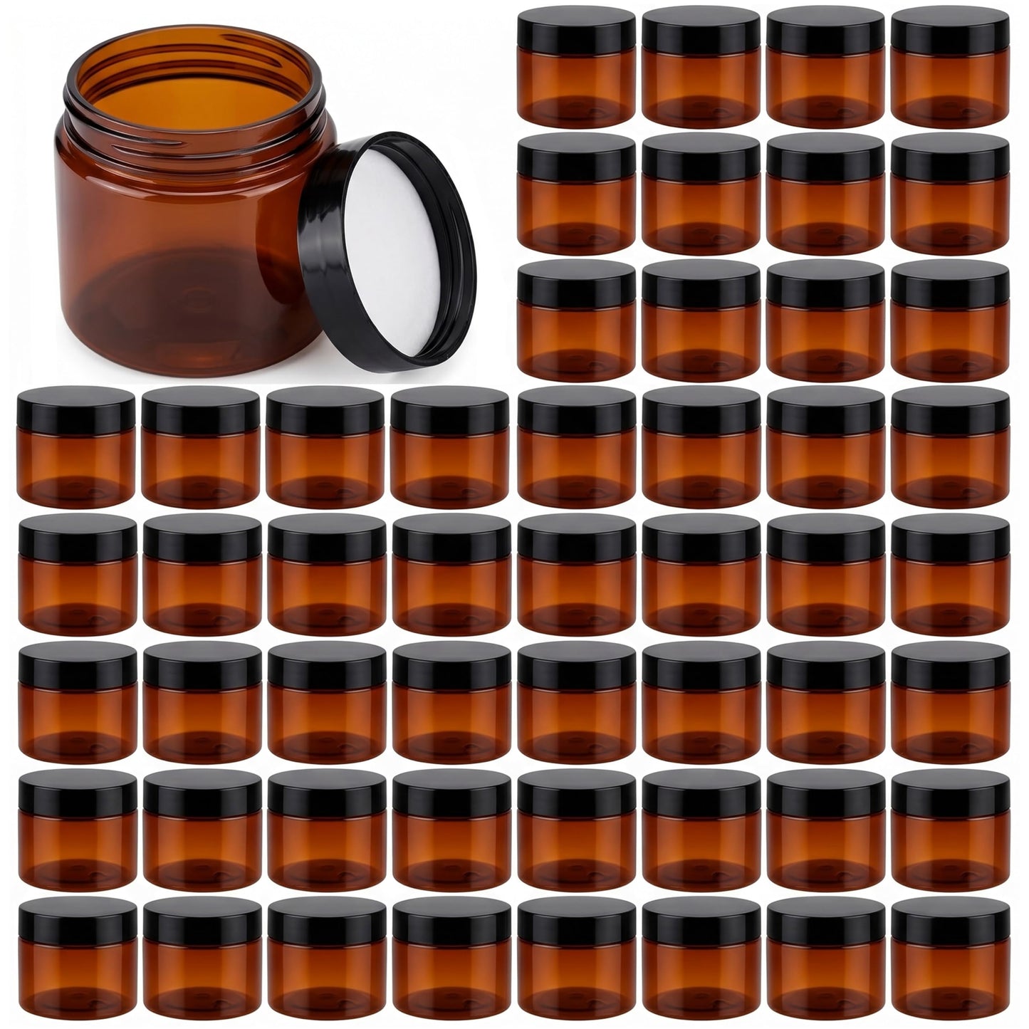60 Pcs 1.7 oz Amber Plastic Cosmetic Jars with Lids, Leak-Proof Airtight Refillable Containers for Cream, Lotion, Powder, Ointment, Beauty Products, Travel Storage