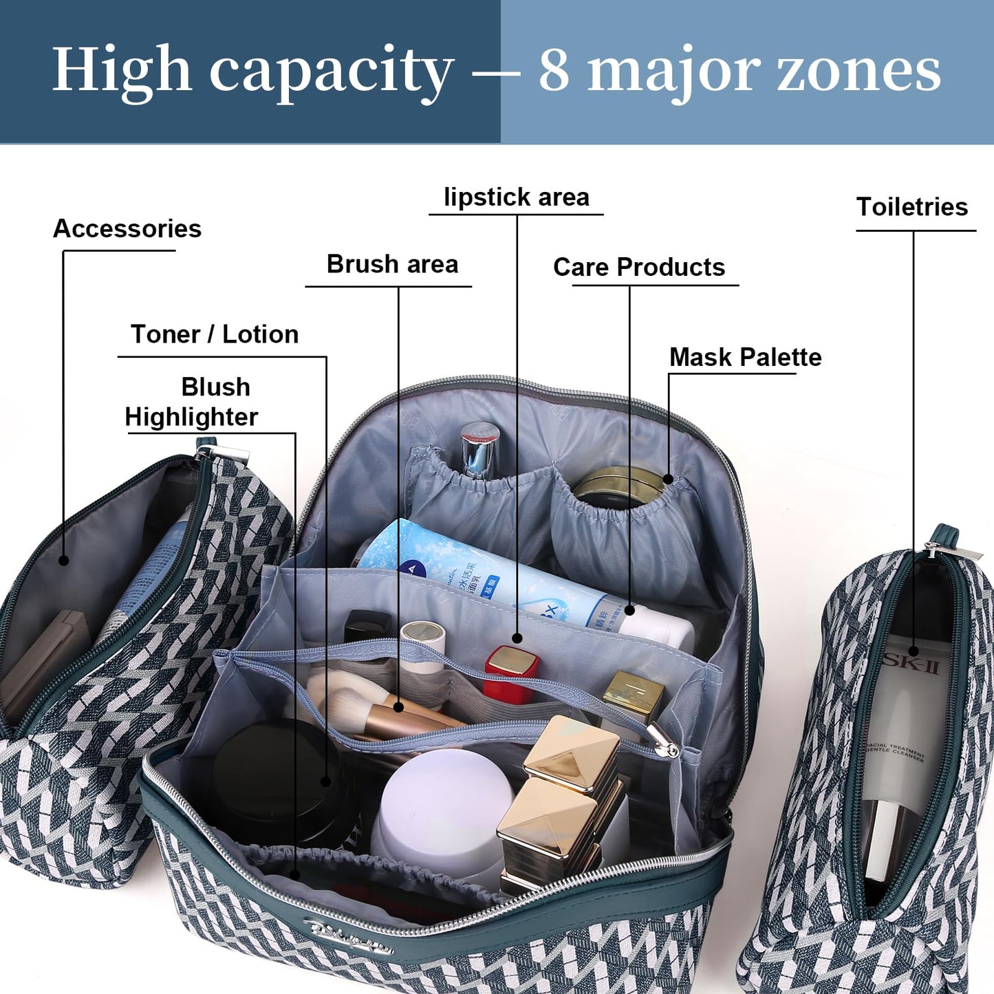 BOYATU Travel Makeup Bags for Women: Large Capacity Cosmetic Bag Set of 3 - Vegan Leather Make up Bags with Compartments - Wide Open Waterproof Toiletry Organizer Bag with Handle (P-01-Royal blue)