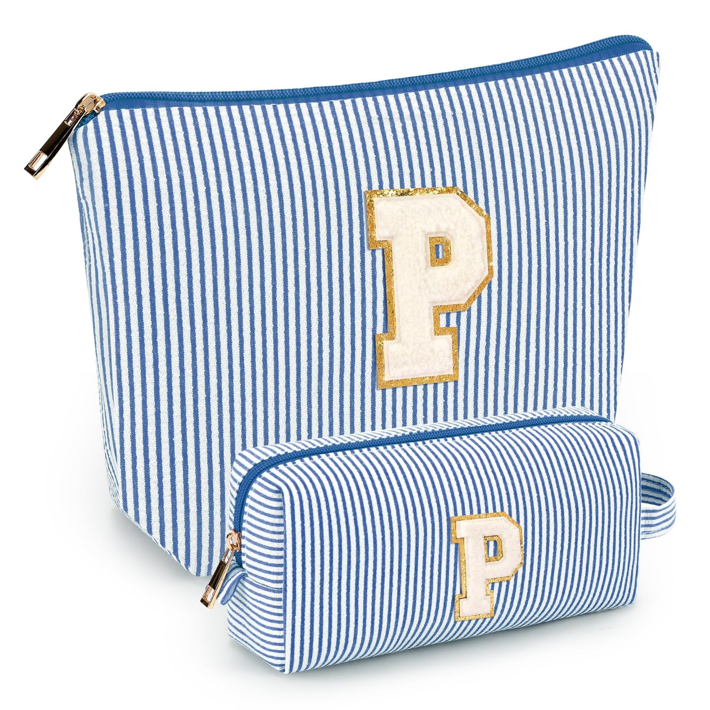 2 PCS Initial Makeup Bags for Women: Cosmetic Bag for Travel Toiletry - Birthday Gifts for 11 12 13 14 15 16 17 18 Years Old Girl Graduation Teacher Gift- Teen Girl Gifts Trendy Stuff - Blue P