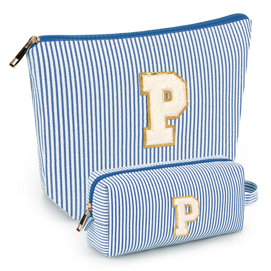 2 PCS Initial Makeup Bags for Women: Cosmetic Bag for Travel Toiletry - Birthday Gifts for 11 12 13 14 15 16 17 18 Years Old Girl Graduation Teacher Gift- Teen Girl Gifts Trendy Stuff - Blue P