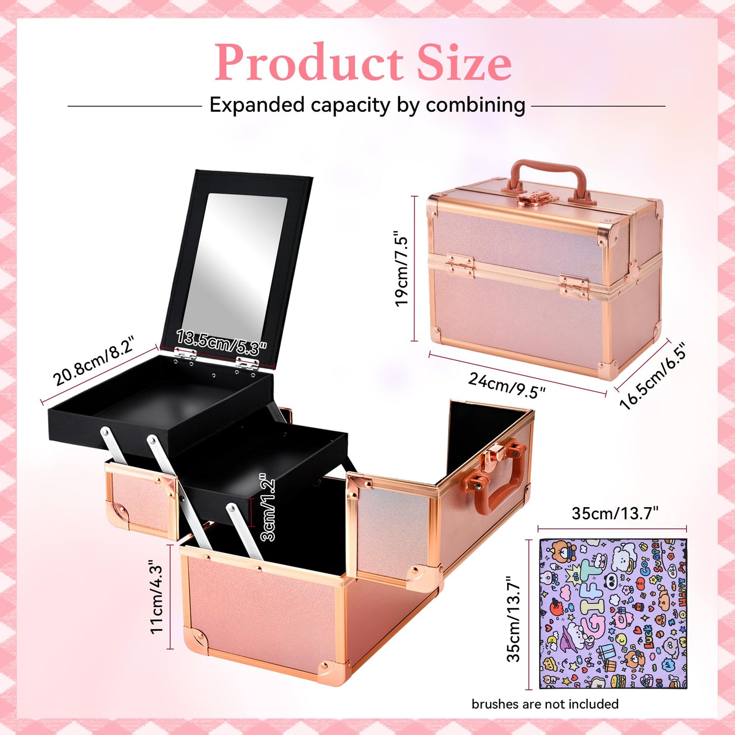 GALHUBIS Makeup Train Case, Portable Makeup Case with Mirror, 2-Trays Cosmetic Organizer Case,Nail Polish Organizer, Travel Makeup Box, Profesional for Salon Barber, Rose Gold