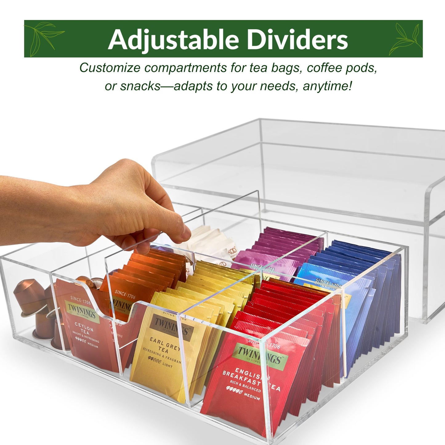 Meicloud Acrylic Tea Station Organizer for Countertop - Tea Bag Organizer Drawer, Clear Lucite K Cup and Coffee Pod Storage box with 8 Compartments, Tea Caddy Creamer Holder Display Stand