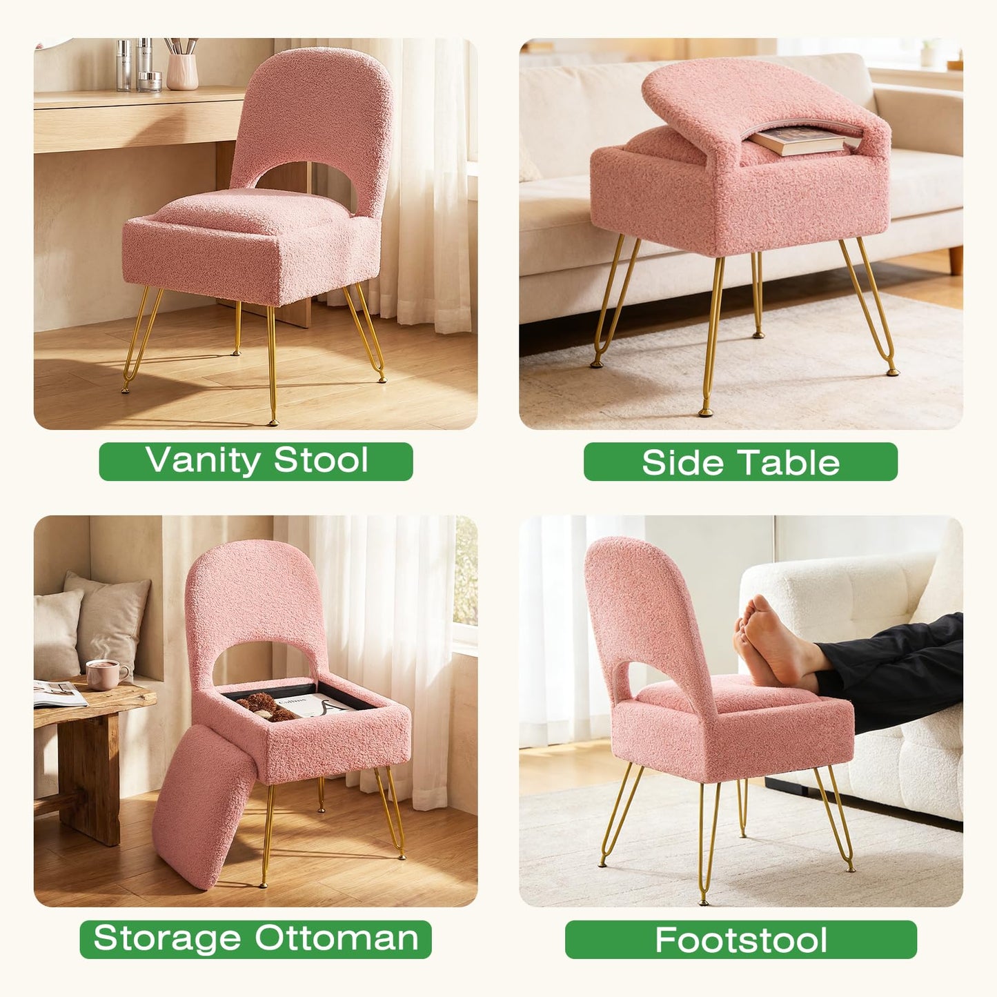 Furnistyle Vanity Chair with Storage & Folding Backrest, Cute Pink Faux Fur Vanity Stool, Comfy Padded Make Chair for Makeup Bedroom, Adjustable Back & Plush Cushion Seat,16.6" Wide 11L Storage Space