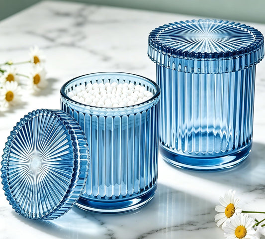 ESEHGS 2 Pack Glass Qtip Holder Dispenser Set - Bathroom Organizer for Cotton Swabs, Balls, Pads, Floss Picks - Clear Apothecary Jars for Vanity, Makeup Storage, Bathroom Accessories Decor (Blue)
