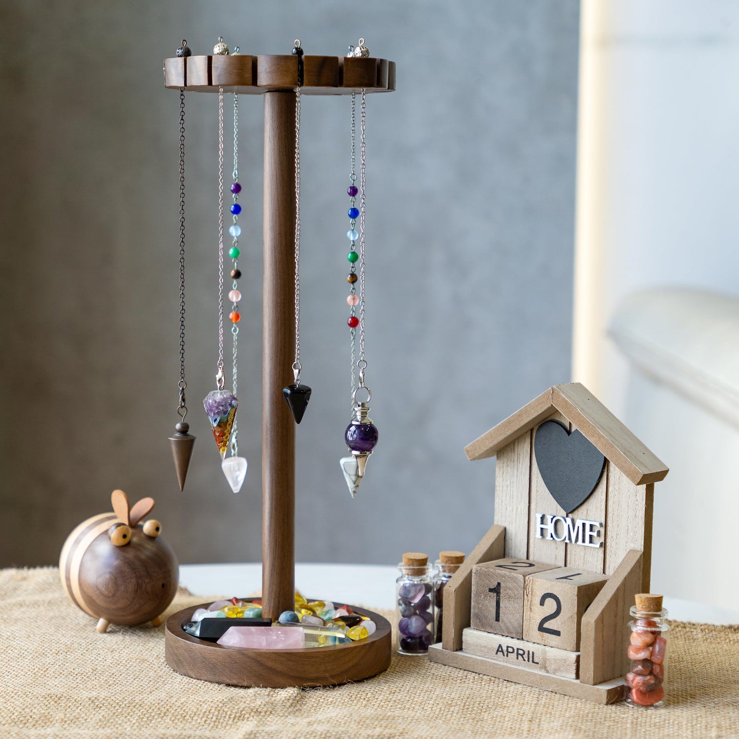 Kihomi Crystal Pendulum Stand with Tray - Walnut Moon Phase Round Crystal Display Holder up to 16 Pendulums and Healing Stone Rack, Wood Aesthetic Witchy Decor Ideal Witchcraft and Wiccan Supplies for