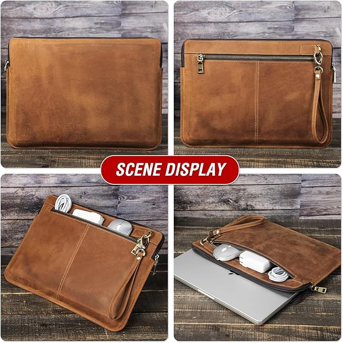Top Grain Leather 13.3" Slim Laptop Sleeve Bag, Vintage Design with 2 Zip Pockets, Fully Handmade, Compatible with MacBook Pro 13.3" MacBook Air 2022 DELL XPS 13" & other PC, Brown 13.3 Inch