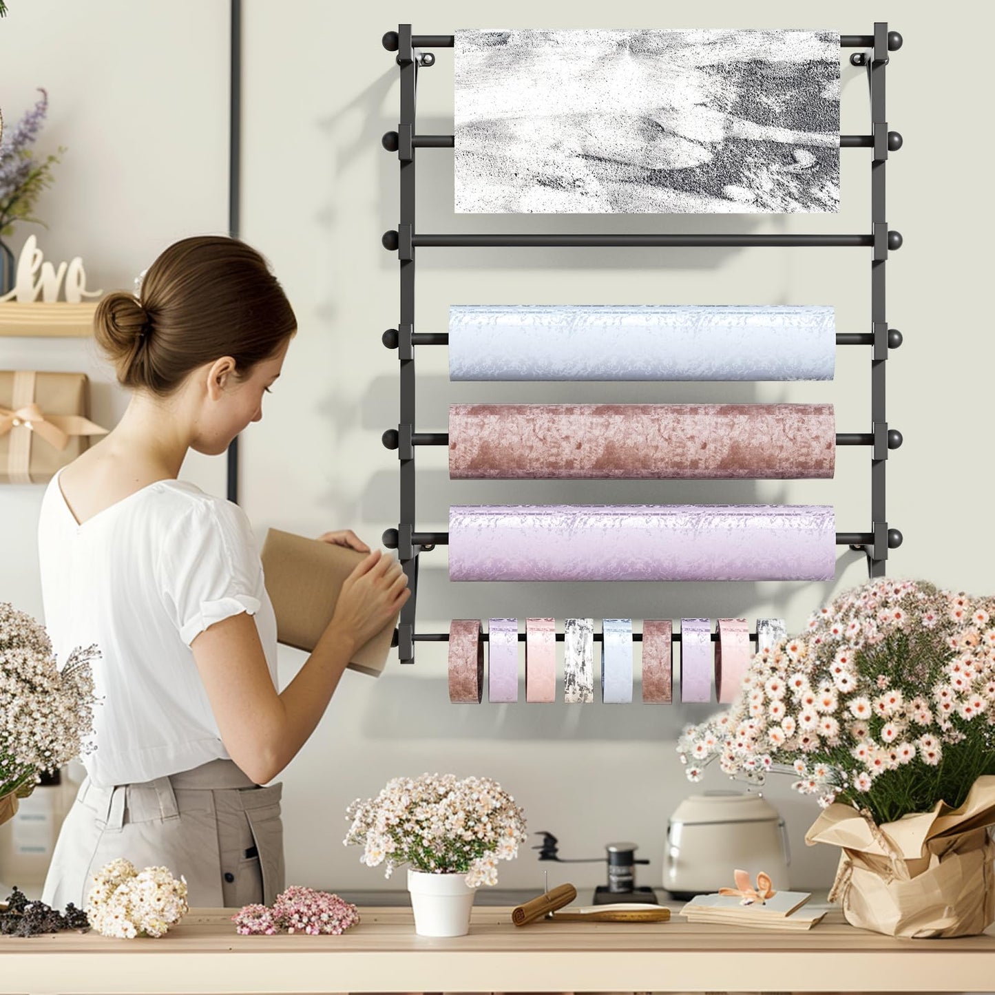 FWTXZTER Wall Mounted Display Rack, 7-Layer Wall Wrapping Paper Ribbon Organizer for Flower Shop, Tie Scarf Rack Belt Towel Holder Retail Stores Metal Shelving