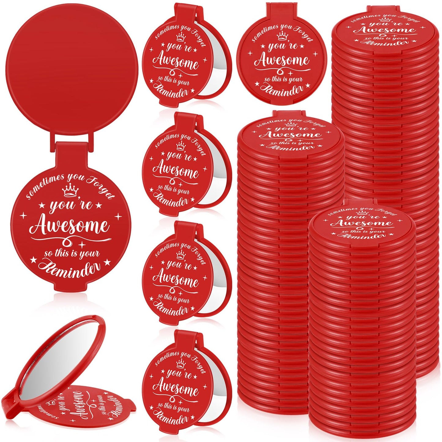 Gulfmew 100 Pcs 2.76 Inch Inspirational Compact Mirror Bulk Women Small Gifts Graduation Mothers Day Party Favors Purse Mirror Pocket Mini Items for Adult Coworker Cheerleader Swag Bag (Red)