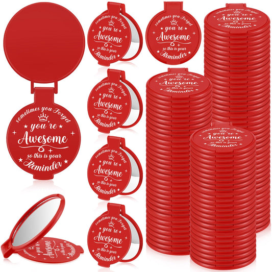 Gulfmew 100 Pcs 2.76 Inch Inspirational Compact Mirror Bulk Women Small Gifts Graduation Mothers Day Party Favors Purse Mirror Pocket Mini Items for Adult Coworker Cheerleader Swag Bag (Red)
