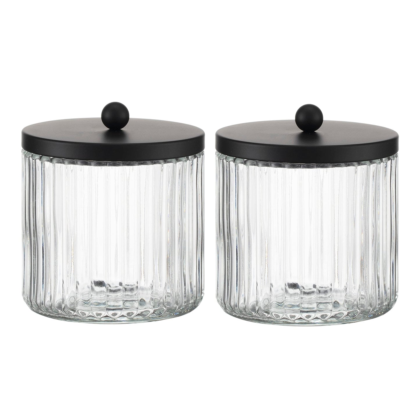 KMwares 2-Pack Glass Qtip Holder Dispenser Set - Bathroom Canister Storage Organizer for Cotton Balls, Swabs, Floss Picks, and Makeup Sponges with Matte Black Metal Lid - Clear Vanity Apothecary Jars