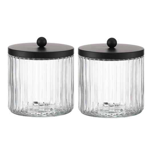 KMwares 2-Pack Glass Qtip Holder Dispenser Set - Bathroom Canister Storage Organizer for Cotton Balls, Swabs, Floss Picks, and Makeup Sponges with Matte Black Metal Lid - Clear Vanity Apothecary Jars