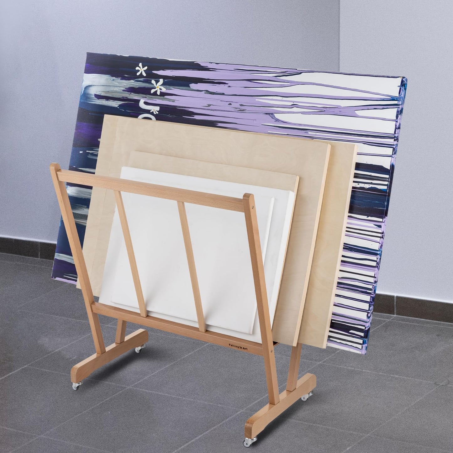 Falling in Art Large Wooden Print Rack with Rolling Casters, Art Drying and Display Storage Rack for Canvas, Prints, Panels, Posters, Shows and Art Exhibitions, Natural