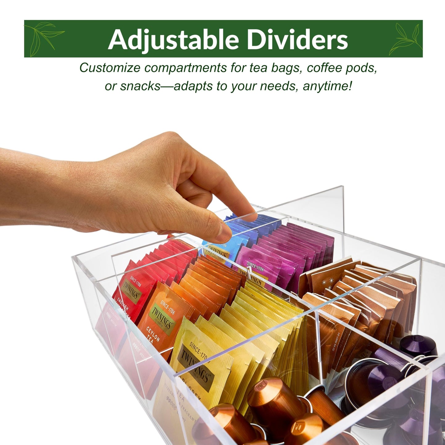 Meicloud Acrylic Tea Bag Organizer - Clear Tea Storage Box, K Cup Coffee Pods Holder with 8 Compartments, Tea Station Organizer for Countertop, Modern Tea Display Stand