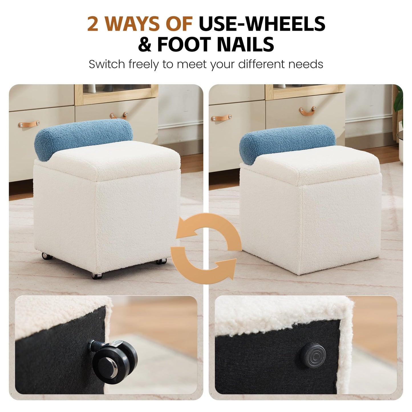 UMBFUN Boucle Vanity Chair with Storage, Swivel Makeup Vanity Chair with Wheels & Safety Hinge, Upholstered Vanity Stool Ottoman for Bedroom, Dressing Room, White