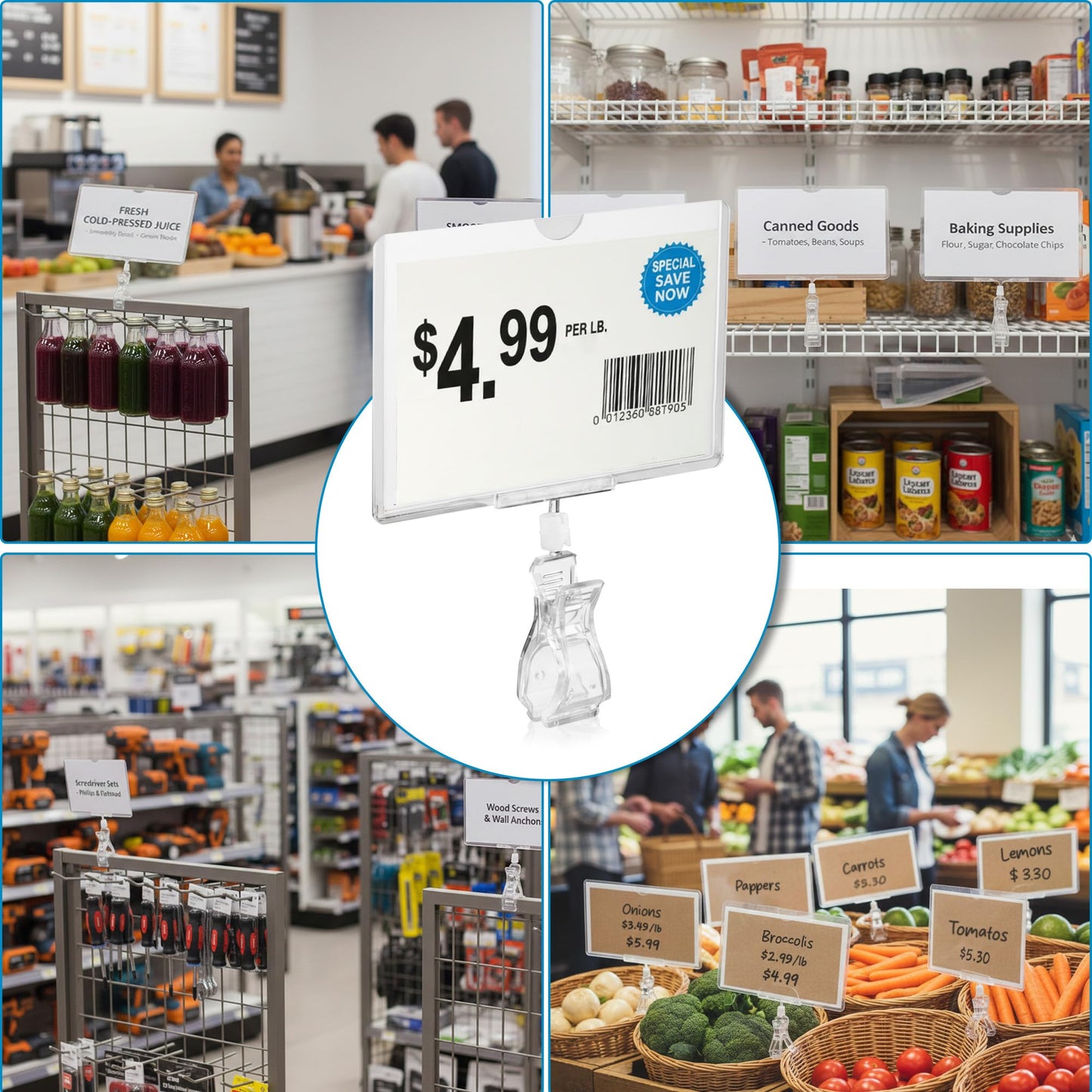 Clip Strip Rotating Clip on Sign Holder, 5 Pack Retail Display Sign Holders with 360° Swivelable Clamp, POP Rotating Sign Clip w/ Clear Print Protector Sleeve Fits Signs 5.5" W x 3.5" H, Clip on Racks, Rails, Tubes, or Merchandise
